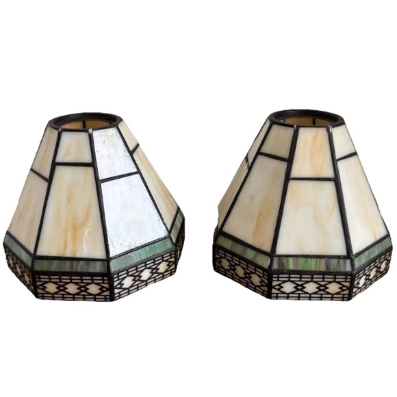 Other - Stained Glass Mosaic Table Lamp Shade Pair in Ivory and Green